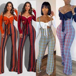 ZKYZWX Fall Two Piece Overalls Women Set Off Shoulder Bandage Tops Fashion Plaid Sling Bodycon Jumpsuit Night Club Outfits Suits X0428