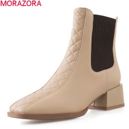 MORAZORA Genuine leather boots thick heels square toe ladies shoes fashion mixed Colours slip-on ankle boots women 210506