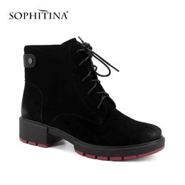 SOPHITINA Stylish Women Boots Comfortable Handmade Round Toe Square Heel Basic 4 cm Med Heel Shoes Lace-Up Ladies Boots SC279 210513