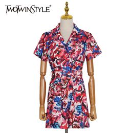 Casual Print Playsuit For Women Lapel Short Sleeve High Waist Lace Up Wide Leg Pants Loose Hit Color Jumpsuit 210521