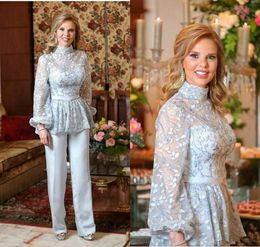 Light Blue Mother of The Bride Dresses Pant Suit High Neck Lace Appliqued Long Sleeve Wedding Guest Dress Evening Party Pants Suits