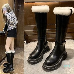 Boots Fashion Women Fluffy White Fur Snow Leather Waterproof Platform Plush Warm Knee-High Long Chunky Mid Heel Shoes