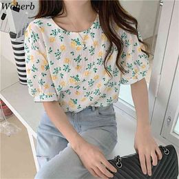 Korean O Neck Blouse Women Sweet Floral Elegant Shirts Summer Simple Fashion Blusa Mujer Short Sleeve Vintage Tops 210519