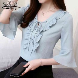 fashion women shirts short sleeved blouses solid sweet summer bow chiffon tops OL casual clothing 0091 30 210521