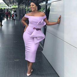 Lilac Midi Short Evening Dresses With Big Bow Elegant Off Shoulders Black Girls Prom Gowns Nigeria Night Party Gowns 2022