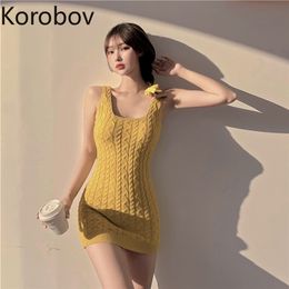 Korobov Korean Solid Knitted Women Dress New Chic Sweet Square Collar Dresess Preppy Style Slim Sleeveless Tank Vestidos 210430