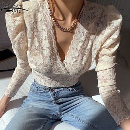 Sexy Lace Blouse Vintage Deep V-neck Long Sleeve Women Shirts See Through Puff Sleeve Chic Lace Shirt Blusas Mujer 13470 210518