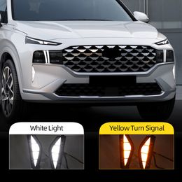 2PCS Auto LED Daytime Running Light For Hyundai Santa Fe 2021 2022 DRL Dynamic Turn Signal Fog Lamp Day Light Foglights