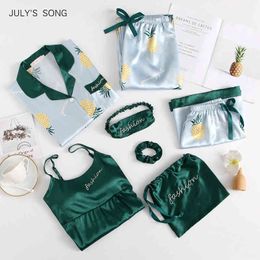 JULY'S SONG 7 PCS Satin Women Pajamas Sets Spring Summer Long Sleeve Shirts Pants Homewear Printed Faux Silk Sleepwear Pijama 210330