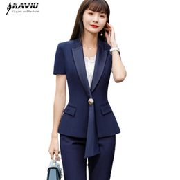 Professional Pants Suit Summer Fashion Short Sleeve Blazer and Trousers Office Ladies Temperament Work Wear 210604