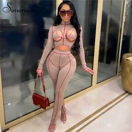 Simenual Hollow Out Sexy Skinny 2 Piece Sets Women Long Sleeve Zipper Crop Top And Pants Striped Bodycon Co-ord Outfits Fashion Y0625