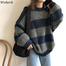 Woherb Women Oversized Thin Sweater Vintage Striped Loose Pullover Streetwear Autumn Knitted Jumper Femme Sueter Mujer 210812