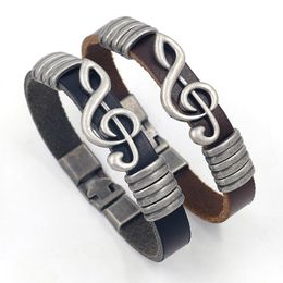 S2712 Europe Fashion Jewelry Men's Retro Buckle Alloy Large Music Notes Leather Bracelet