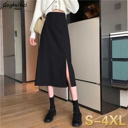 Skirts Women Black High-waist Side-split Midi Skirt Ladies Stretchy Body-con A-line Vintage Elegant All-match Simple Fashion New Y0824