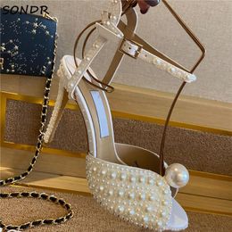 Newst Summer Sacaria Dress Wedding Sandals Shoes Pearl-Embellished Satin Platform Sandals Elegant Women White Bride Pearls High Heels Ladies Pumps EU35-41
