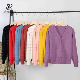 Striped Solid Knitted Cardigan Women Korean Fashion V Neck Long Sleeve Tops Autumn Winter Vintage Casual Loose Outwear 210419