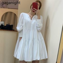 Summer Puff Long Sleeve Pleated Shirt Dress Women Casual Loose Solid White Mini Sexy V Neck Ladies Vestidos 210601