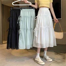 Skirts Women Mesh Mid-calf Lace Up Fairy Skirt All-match Sweet Fashion Ins Elegant Womens Faldas Voile Korean Style A-line Chic 210529