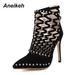 2021 Boots Top Quality Aneikeh Gladiator Roman Sandals Summer Rivet Studded Cut Out Caged Ankle Stiletto High Heel Women Sexy Shoes