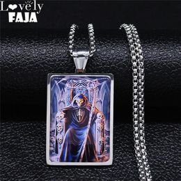 Fashion Death Scythe Skull Stainless Steel Glass Geometry Chain Necklace Men Silver Color Jewelry Colier Homme N5227S03 Pendant Necklaces