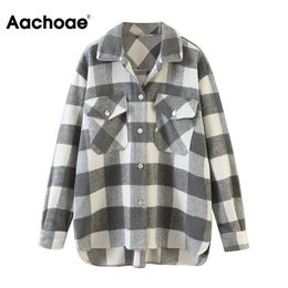 Aachoae Women Vintage Tweed Plaid Shirt Jacket Long Sleeve Single Breasted Coat With Pockets Turn Down Collar Ladies Jackets 210410