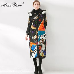 High Quality Women Winter Runway Coats Hooded Collar Cartoons Printed Elegant White Duck Down Long Jacket Outwear 210524