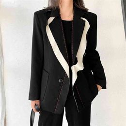 Spring Women Spliced Hit Colour Temperament Blazer Lapel Long Sleeve Loose Fit Jacket Fashion Ladies Office Coat 210510