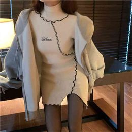 Fashion women's sweater dress autumn and winter mid-length embroidery thick irregular hem 210520