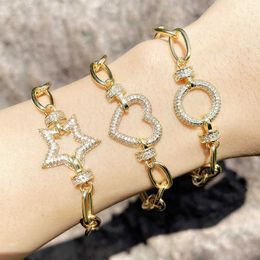 Hip Hop Cuba Link Chain Star Heart Bracelets for Women Vintage Cz Pave Rhinestone Oval Bangle Bracelet Wholesale Jewellery Gift Q0717