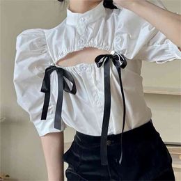 Women's French Puff Sleeve Blouse Bowknot White Short Shirt Summer Design Sense Niche Top 210529