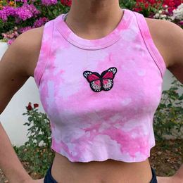 Women Butterfly Embroidery Tank Top Summer Fashion Sleep Top for Ladies,Sexy vest and Blue Colour X0507