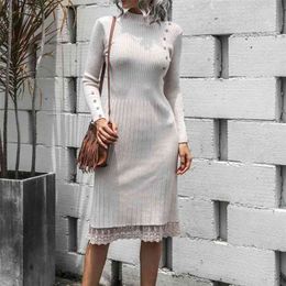 Lace Dress Sweater Womens Autumn Winter Fashion Casual turtleneck Long Sleeves Button knitted vestidos 210508