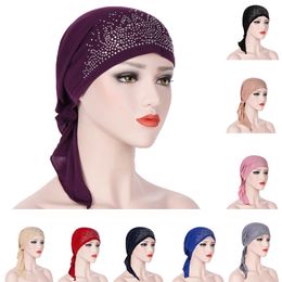2021 New Fashion Woman Turban Hat Soft Elastic Lady Muslim Headdress Wrap Head Scarf Hijab Caps Turbante Female Rhinestone Hijab