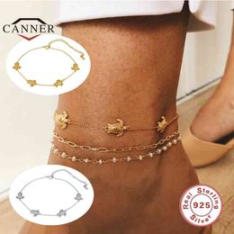 CANNER 925 Sterling Silver Little Tortoise Anklet for Women Simple Foot Chain Anklets Bracelet Ankle Female Fine Jewelry Gift