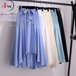 Women Summer Cotton Skirts Korean Style Solid High Waist Bowknot Sweet Irregular Beach Long Faldas Femme 210510