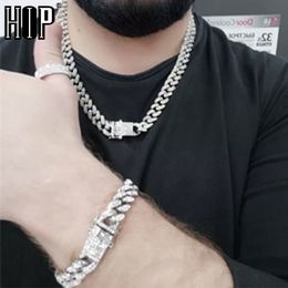 Hip Hop Iced Out Paved Rhinestones 1Set 13MM Silver Color Full Miami Curb Cuban Chain CZ Bling Rapper Necklaces For Men Jewelry X0509