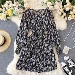 Women's Spring Autumn Dress Floral Long-sleeved Round Neck Koreanstyle Slim and Thin Short Female es GX351 210507