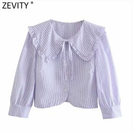 ZEVITY Women Sweet Agaric Lace Striped Print Short Blouse Shirt Women Breasted Chic Office Femininas Blusas Crop Tops LS9303 210603
