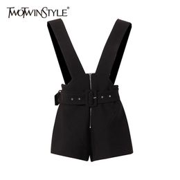 Black Patchwork Zipper Overalls For Women High Waist Sashes Casual Overall Female Fashion Clothing Summer 210521