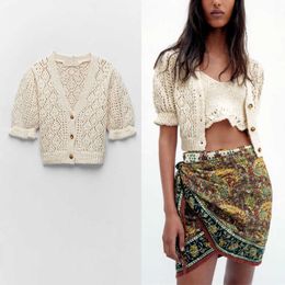 Za Knit Cardigan Sweater Women Short Puff Sleeve V Neck Vintage Spring Cropped Sweaters Woman Hollow Out Knitted Top 210602