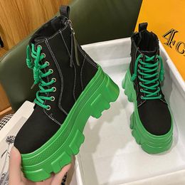 Boots Brand Design Female Motorcycle Canvas Square Heel Lace-Up Platform Chunky Sneaker Ankle Cool Woman Fashion