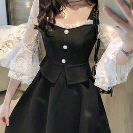 Korobov Korean Elegant Chic Lace Patchwork Dresses Summer New Fashion Fake Two Pieces Dress Sweet Sexy Vestidos Mujer 210430