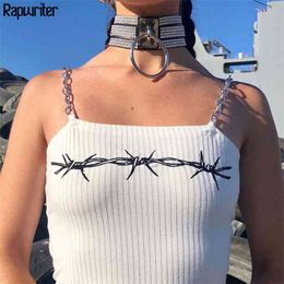 Gothic Thorn Print Patchwork Metal Chain Strap Sexy Crop top Women Fitness White Cami Summer Top Cotton Camisole 210510