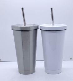 17oz Sublimation White Silver Blank Tumblers With Lids And Metal Straws Heat Transfer Double Wall Insulated Drinking Cups Stainless Steel Water Bottles A12