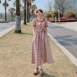 Vintage Plaid Dress Women Elegant Summer Shirt Waist Short Sleeve Maxi Korean Clothes A-Line Robe 210514