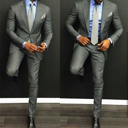 Costume Homme Grey Wedding Suits For Men Slim Fit 2 Pieces Groom Tuxedos Prom Party Blazer Terno Masculino 2 Pcs(Jacket+Pant) X0608
