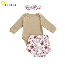 0-18M Flower born Infant Baby Girl Clothes Set Knitted Romper Ruffles Floral Shorts Autumn Outfits Cute 210515