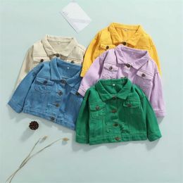 0-7Y Autumn Fashion Kids Girls Boys Denim Jacket 5 Colours Solid Long Sleeve Single Breasted Pocket Coats 211204