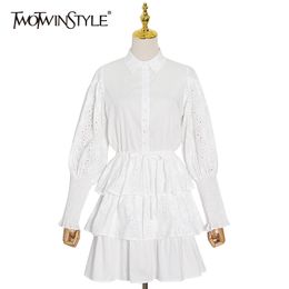 TWOTWINSTYLE Hollow Out White Dress For Women Lapel Puff Long Sleeve High Waist Mini Dresses Female Fashion Clothing 210517