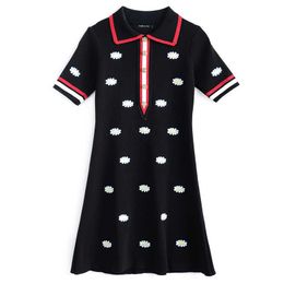 PERHAPS U Women White Black Turn Down Collar Floral Embroidery Button Knitting Short Sleeve Mini Dress Summer D2683 210529